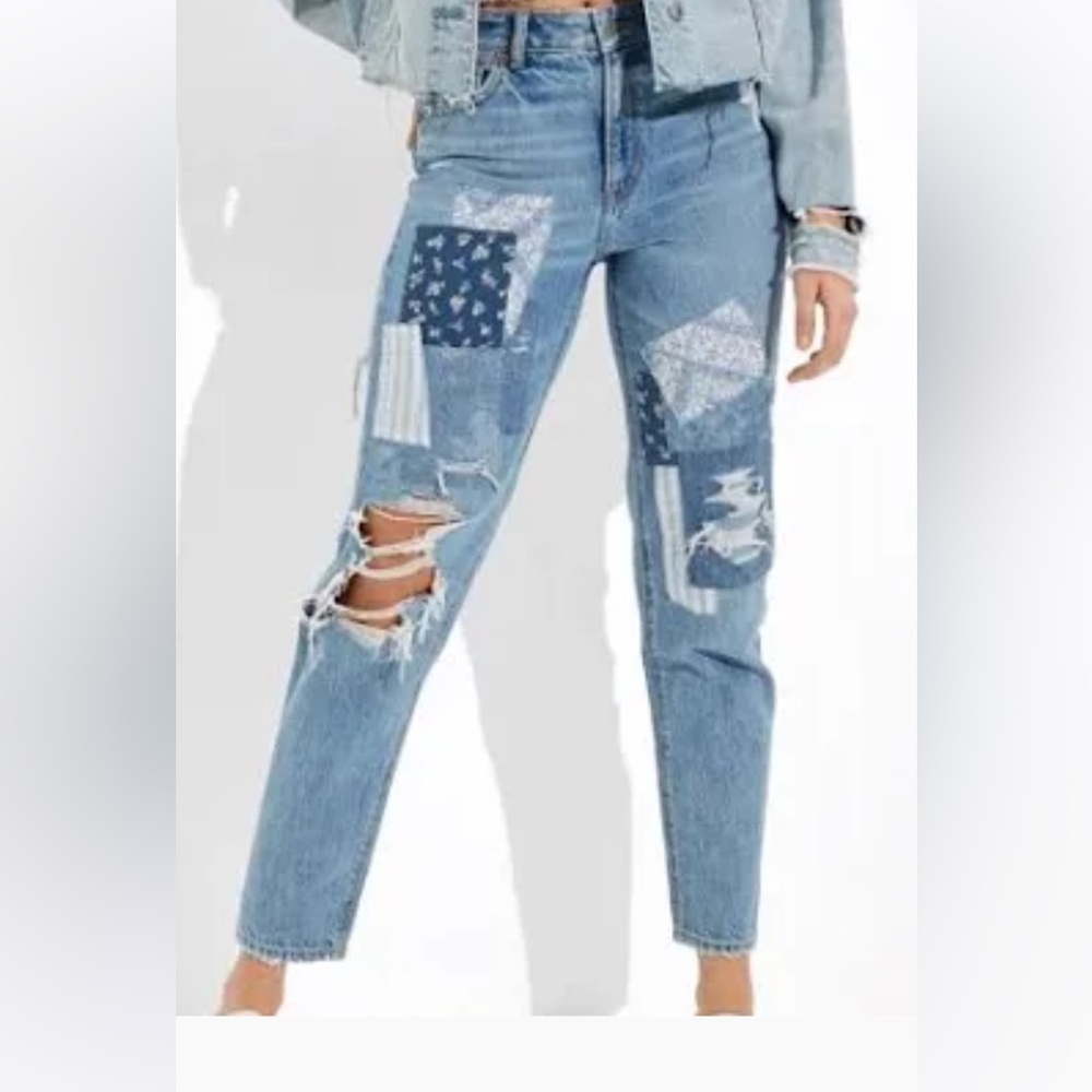 American Eagle Patchwork Distressed Blue Jeans - image 1